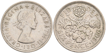 Великобритания 6 пенсов 1966 Елизавета II (1952-2022) KM 903, Spink 4149 медно-никель 192-242