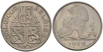 Бельгия 1 франк 1939 Belgique - Belgie KM 119 никель 4603-1247
