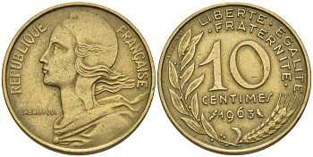 ФРАНЦИЯ 10 САНТИМОВ 1963 ТИП MARIANE KM 929, LE FRANC 144.3 алюминиевая бронза 67-734