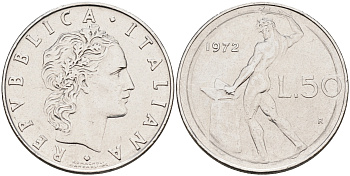 Италия 50 лир 1972 R, бог огня Вулкан у наковальни KM 95.1 нержавеющая сталь 4595-236