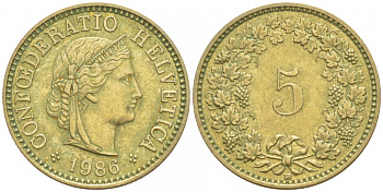 ШВЕЙЦАРИЯ 5 РАППЕНОВ 1986 В KM 26с алюминий латунь 4549-348
