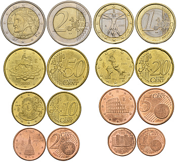 Италия евронабор из 8 монет 2005 1, 2, 5, 10, 20, 50 евроцентов, 1 И 2 евро KM 210, 211, 212, 213, 214, 215, 216, 217 UNC N6-23