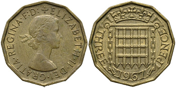 Великобритания 3 пенса 1967 Елизавета II (1952-2022) KM 900, Spink 4153 никель латунь 4171-551
