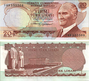 ТУРЦИЯ 20 ЛИР 1974 КОРИЧНЕВАЯ ПОДПИСЬ, ПРЕЗИДЕНТ КЕМАЛЬ АТАТЮРК Pick 187b бумага UNC (ПРЕСС) 6280-46-4-1