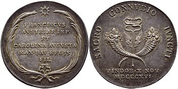 ГЕРМАНИЯ МЕДАЛЬ 1816 НА ЗАКЛЮЧЕНИЕ СОЮЗА ФРАНЦИСКОМ АВСТРИЙСКИМ И КОРОЛЕВОЙ БАВАРИИ КАРОЛИНОЙ АВГУСТОЙ серебро 560-1915