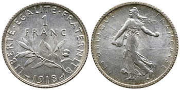 Франция 1 франк 1918 сеятель KM 844.1, Le Franc 217.24 серебро UNC 259-711