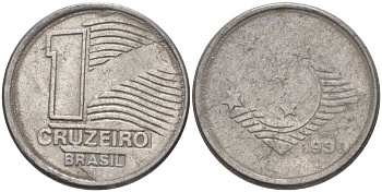 Бразилия 1 крузейро 1990 KM 617 нержавеющая сталь 201-817