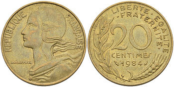 Франция 20 сантимов 1984 тип Marianne KM 930, Le Franс 156.24 медь алюминий никель 4573-1051