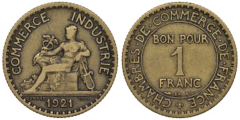Франция 1 франк 1921 тип Chambres de Commerce KM 876, Le Franc 218.3 алюминиевая бронза 4128-255