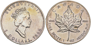 Канада 5 долларов 1990 кленовый лист KM 187 серебро 4368-815