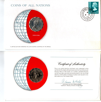 Гонконг 2 доллара 1975 конверт с маркой первого дня гашения, Coins of Nations KM 37 медно-никель UNC 4294-18-3