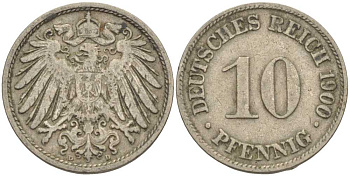 Германия 10 пфеннигов 1900 D KM 12, J. 13 медно-никель 4401-1136