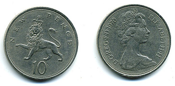Великобритания 10 пенсов 1970 Елизавета II (1952-2022) KM 912, Spink 4231 (F1) медно-никель  4110-1242