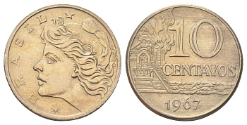 Бразилия 10 сентаво 1967 год-тип KM 578.1 медно-никель UNC 4646-745