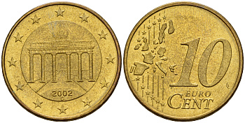 ФРГ 10 евроцентов 2002 D КМ 210 латунь  UNC  4598-152