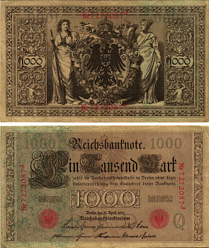 ГЕРМАНИЯ 1000 МАРОК 1910 21 АПРЕЛЯ 1910, СЕМИЗНАЧНЫЙ НОМЕР, СЕРИЯ J Pick 44b бумага 8610-15-1