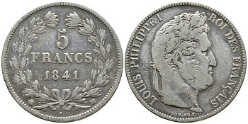 Франция 5 франков 1841 BB, Луи Филипп I (1830-1848) KM 749.3 серебро 1066-7-64
