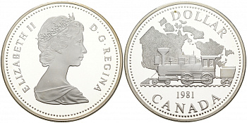 Канада 1 доллар 1981 Трансконтинентальная железная дорога, паровоз KM 130 серебро PROOF 02-015-43