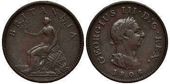 Великобритания 1 фартинг 1806 Георг III (1760-1820) KM 661, Spink 3782 медь 1524-1321