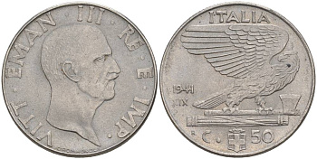 ИТАЛИЯ 50 ЧЕНТЕЗИМО 1941 R, ГОД XIX, ВИКТОР ЭММАНУИЛ III (1900-1946) KM 76b, VEM3. 1063 нержавеющая сталь 3853-327