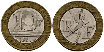 Франция 10 франков 1991 тип Гений Бастилии KM 964.1, Le Frank 375.6 биметалл 4138-335