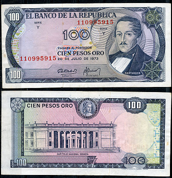 Колумбия 100 песо 1973 генерал Франсиско де Паула Сантандер, герой освободительной войны Pick 415  бумага  UNC (пресс) 7219-2-2-2