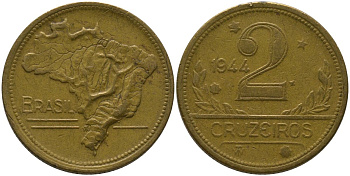 Бразилия 2 крузейро 1944 KM 559 алюминиевая бронза 4577-443