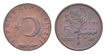 Турция 5 курушей 1973 KM 890.2 бронза UNC 4647-532