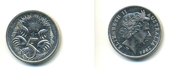 АВСТРАЛИЯ 5 ЦЕНТОВ 2004 ЕЛИЗАВЕТА II, ТРЕТИЙ ПОРТРЕТ, ЕХИДНА KM 401 медно-никель 3999-255