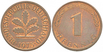 ФРГ 1 ПФЕННИГ 1975 G KM 105 J. 380 сталь плакированная медью 4532-511