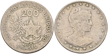 Бразилия 200 рейс 1901 голова свободы вправо KM 504 медно-никель 4589-1041