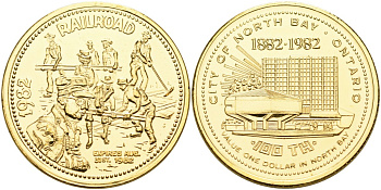 Канада жетон 1982 Souvenir dollar, серия 100 лет Онтарио (1882-1982), железная дорога, позолота никель 4590-913