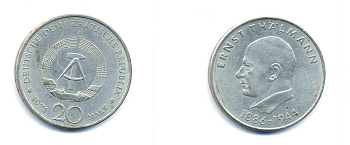 ГДР 20 марок 1971 A, 85 лет со дня рождения Эрнста Тельмана KM 34, J. 1535 медно-никель 3333-541