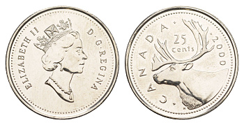 Канада 25 центов 2000 Елизавета II (1952-2022), олень KM 184 никель PROOF-LIKE (BU) 4638-547