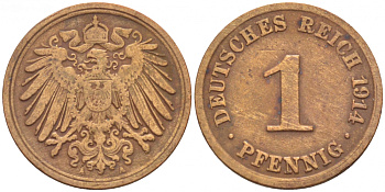ГЕРМАНИЯ 1 ПФЕННИГ 1914 A KM 10, J. 10 медь 4396-1512