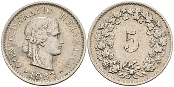 Швейцария 5 раппенов 1963 В KM 26 медно-никель    4152-1136