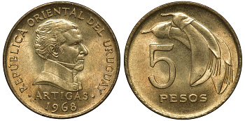 Уругвай 5 песо 1975 Хосе Хервасио Артигас KM 50 никель-латунь UNC M53-13