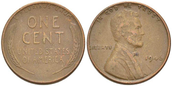 США 1 ЦЕНТ 1946 ЛИНКОЛЬН KM А132 медь цинк 3309-544