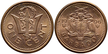 Барбадос 1 цент 1996 сломанный трезубец Британии KM 10а цинк плакированный медью 4398-611
