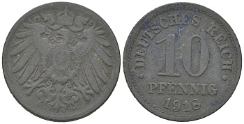 Германия 10 пфеннигов 1918 Вильгельм II (1888-1918) KM 26, J. 299 цинк 4615-754