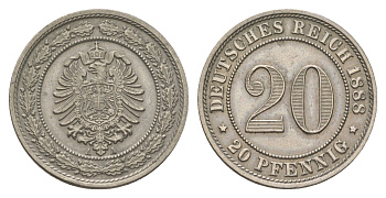 Германия 20 пфеннигов 1888 A, Вильгельм I (1861-1888) KM 9.1, J. 6 медно-никель aUNC 4626-134
