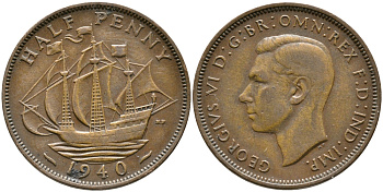 Великобритания 1/2 пенни 1940 Георг VI (1936-1952) KM 844, Spink 4115 бронза 28-854