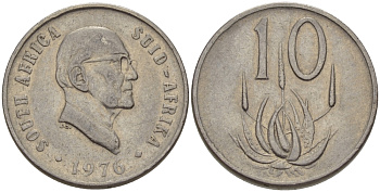 ЮАР 10 ЦЕНТОВ 1976 ПРЕЗИДЕНТ ЯКОБУС ЙОХАННЕС ФУШЕ, ЦВЕТОК АЛОЭ KM 94 никель 67-411