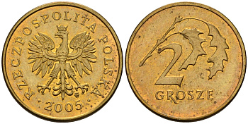 Польша 2 гроша 2005 MW KM 277, Parchimowicz 702l латунь 4580-526