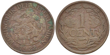 НИДЕРЛАНДЫ 1 ЦЕНТ 1922 ВИЛЬГЕЛЬМИНА I (1891-1948) KM 152 бронза 4532-624