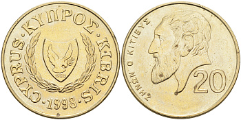 Кипр 20 центов 1998 Зенон Китийский KM 62.2 никель латунь    4595-944