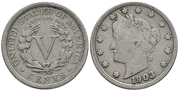 США 5 ЦЕНТОВ 1906 ЛИБЕРТИ, РИМСКИЙ НОМИНАЛ KM 112 медно-никель 67-225