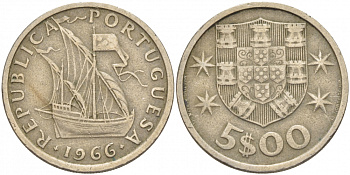 Португалия 5 эскудо 1966 парусник KM 591 медно-никель 3457-613