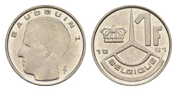 Бельгия 1 франк 1991 Belgique, Бодуэн I (1951-1993) KM 170 нержавеющая сталь 4632-564