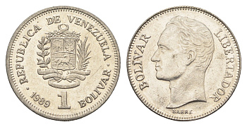 Венесуэла 1 боливар 1989 Симон Боливар, тонкий шрифт Y 52a.1 сталь плакированная никелем 4662-832